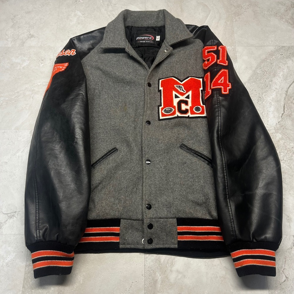 Powers Varsity Letterman Jacket Grey Black Orange XL Faux Leather Wool Blend